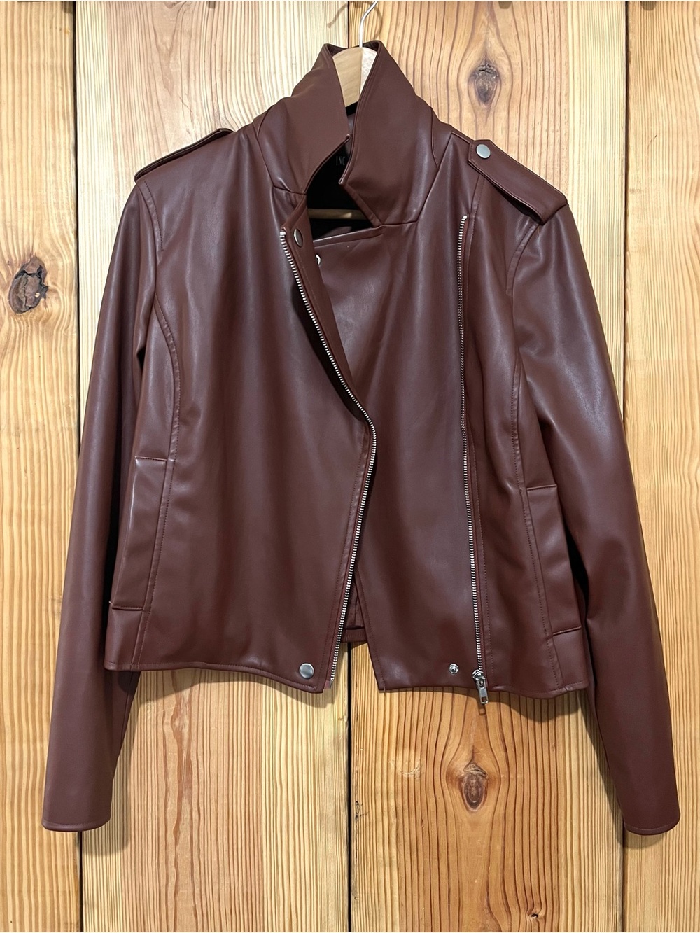INC International Concepts Brown Vegan Leather Biker Jacket Size S